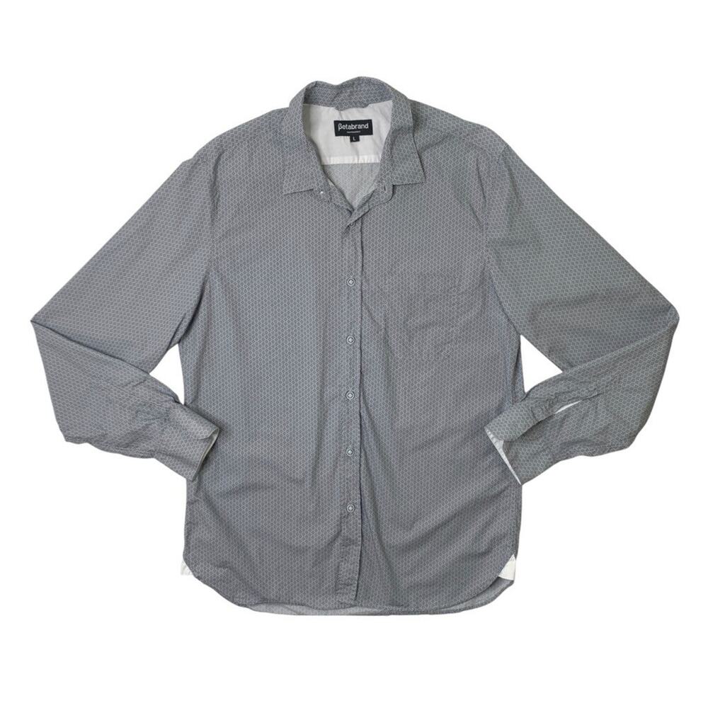Betabrand Shirt Mens L Large Steel White Cotton Printed Button Up Long Sleeve